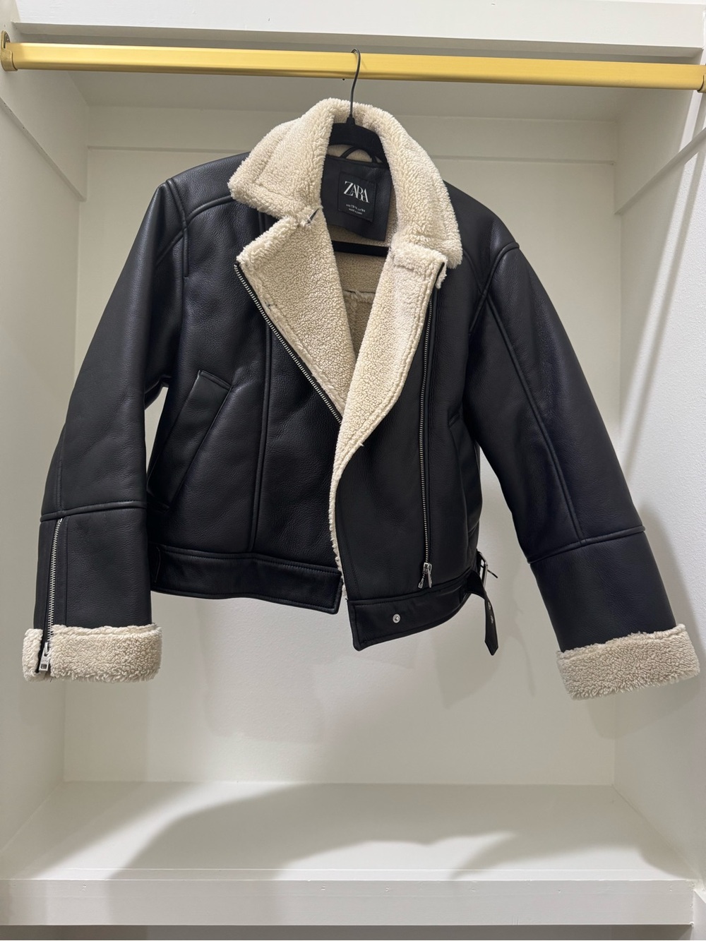 ZARA Black Faux Leather Jacket with Cream Shearling